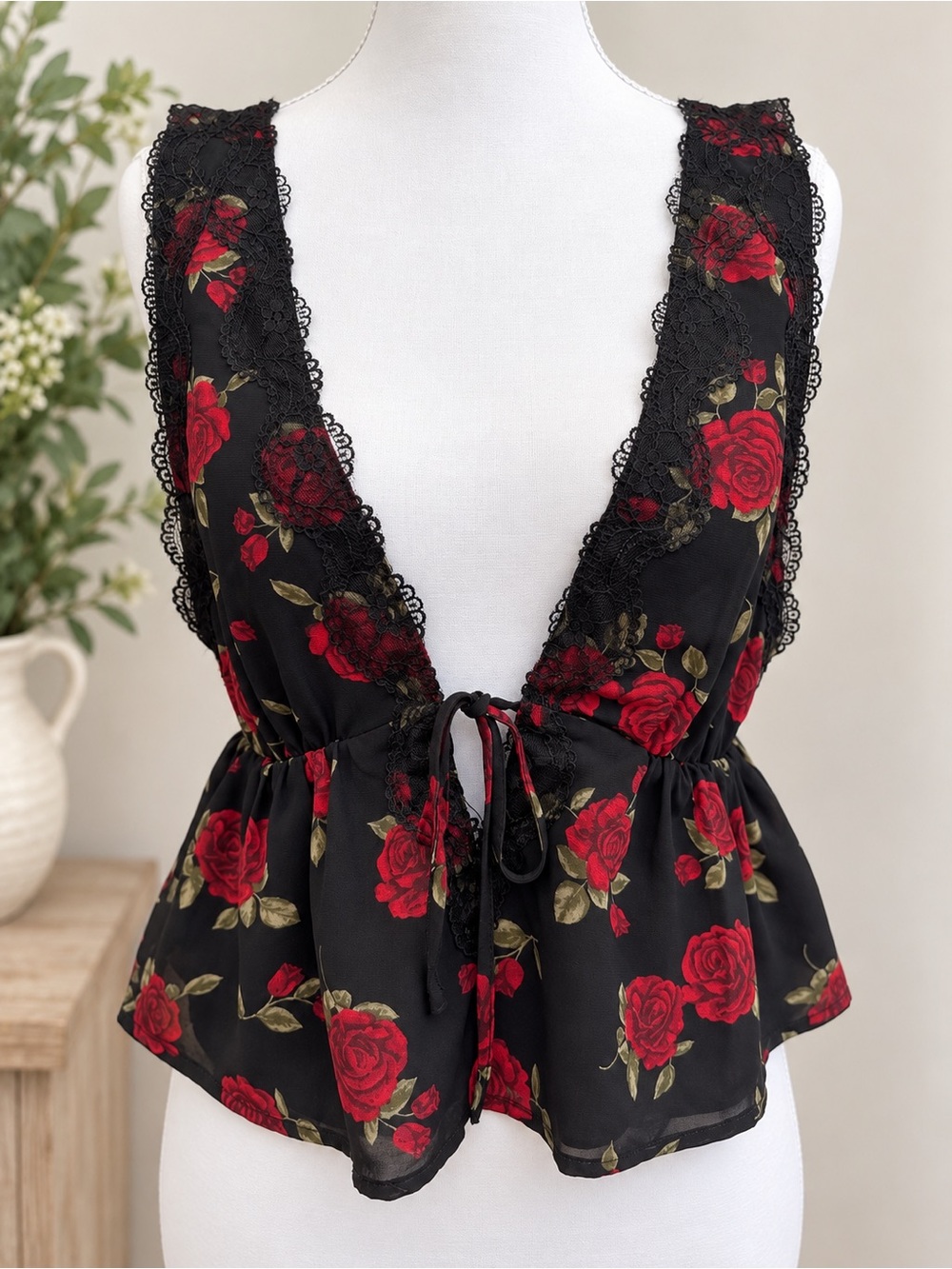 Garage Black Lace Tie Blouse/Vest with Red Rose Print NWOT